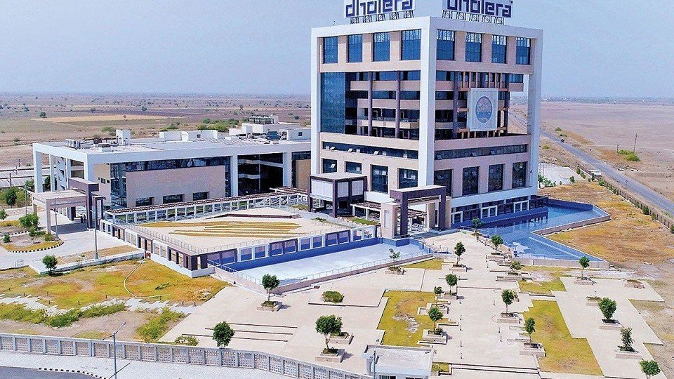Aerial view of Dholera administrative building and planned infrastructure