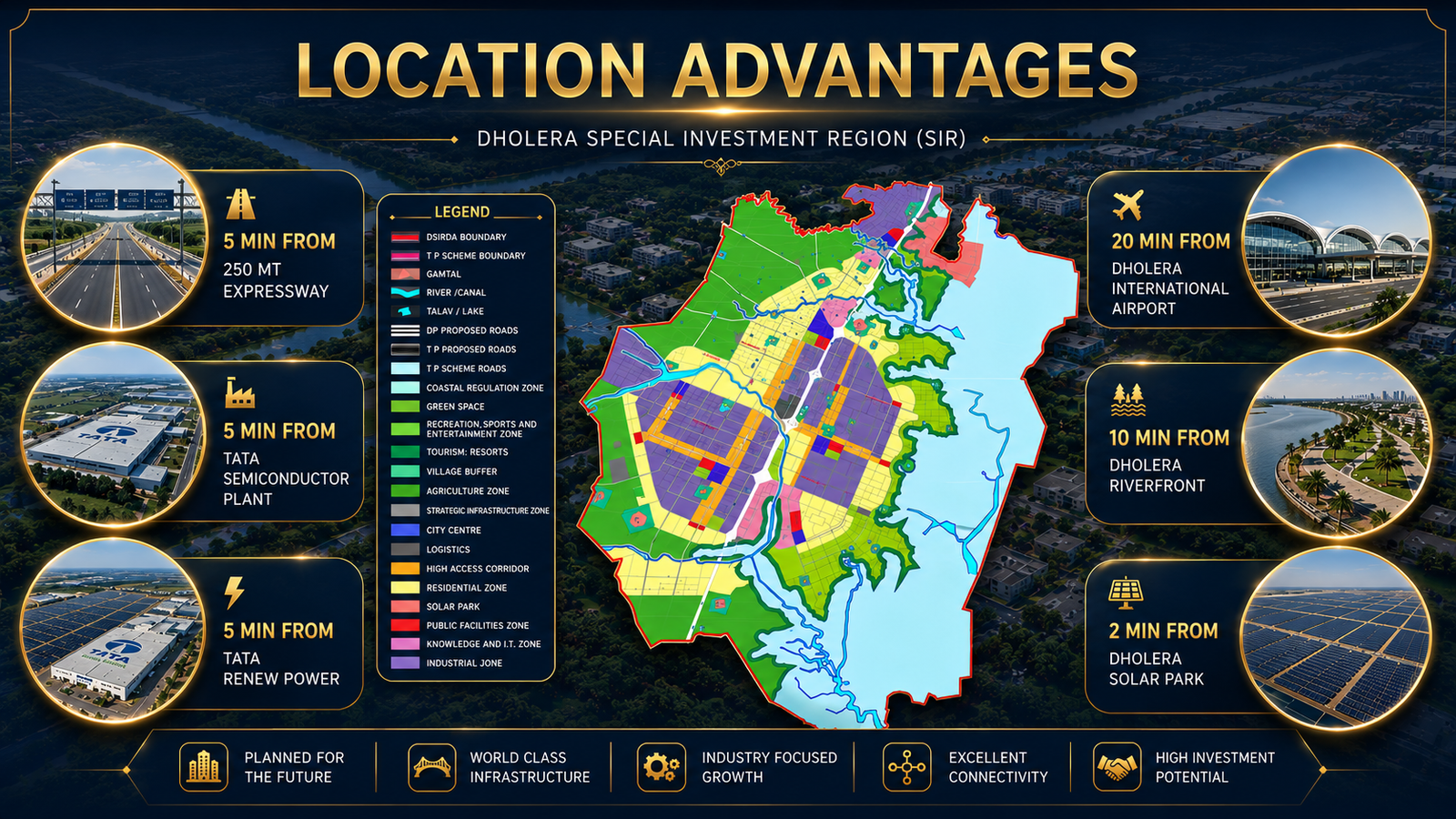 Dholera Smart City zoning map with distances to expressway, airport, Tata Semiconductor plant, riverfront and solar park